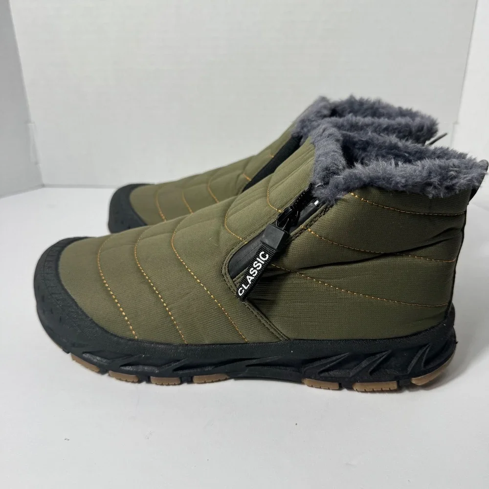 Classic Men Olive Green Quilted Puffer Snow Boots Faux Fur Lined US 6.5